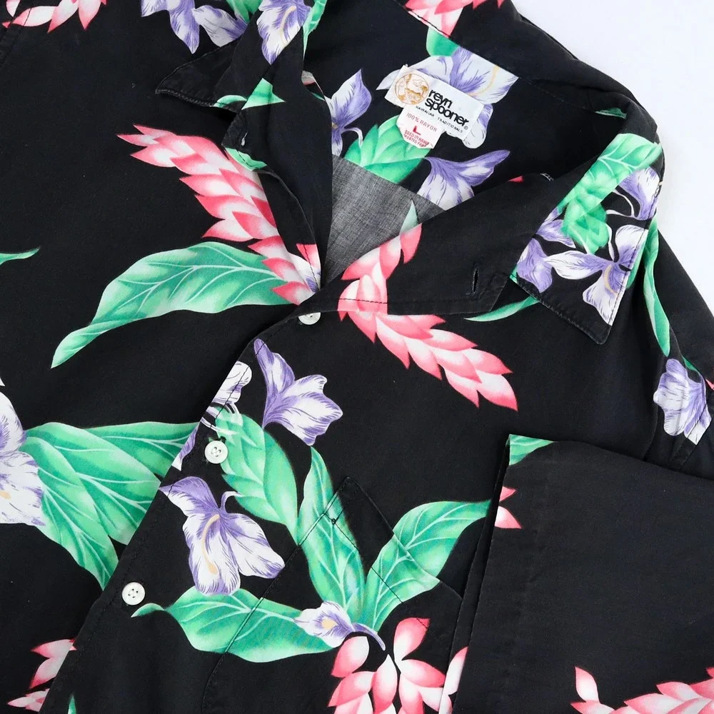 Vintage Reyn Spooner Hawaiian Shirt Mens L Black Floral Rayon Aloha Camp USA‎